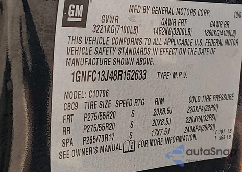 2008 Chevrolet Tahoe Lt z USA, uszkodzony, nr VIN 1GNFC13J48R152633